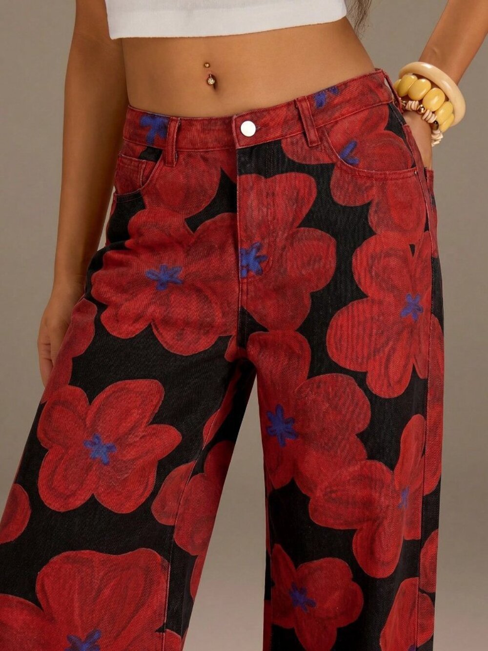 Black Casual Women's Denim Floral Streetwear Jeans
